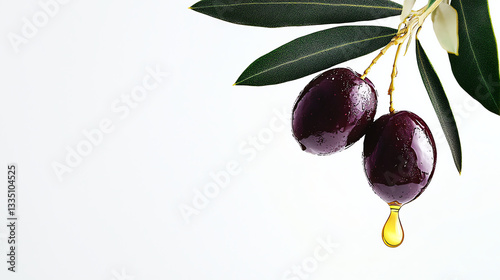 Fresh Purple Olives with Golden Oil Drop on White Background