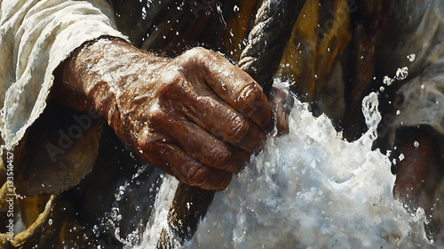 A highly detailed close-up of Moses’ weathered hands gripping his staff as he strikes the rock, with the first few droplets of water beginning to emerge.
