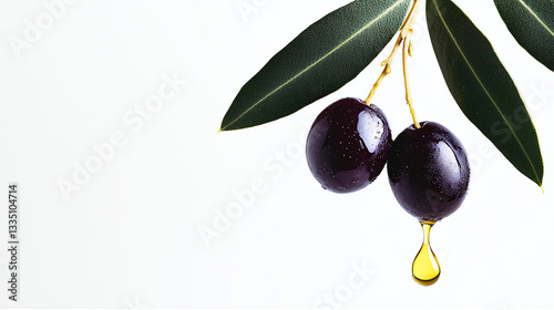 Fresh Purple Olives with Golden Oil Drop on White Background