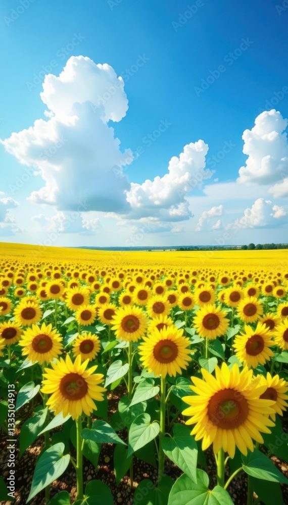 Fototapeta premium Vast sunflower field, vibrant yellow under blue cloudy sky, vibrant, texture