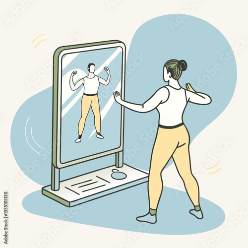 Person exercising in front of mirror reflecting fitness motivation in simple illustration
