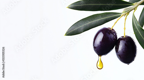 Fresh Purple Olives with Golden Oil Drop on White Background