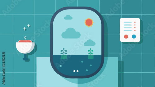 Smart Mirror A bathroom scene with a hightech mirror that displays weather updates and news along with controls for ambient lighting and steam reduction features.