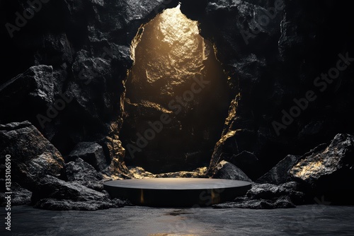 A podium for product display, surrounded by dark stone walls with golden light shining through an archway above the stage
