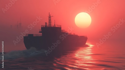 Cargo ship sailing on the ocean during a red sunset or sunrise with another ship distant