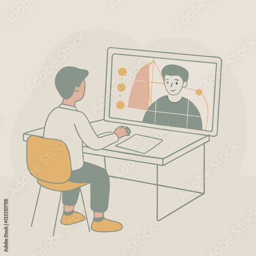 Person participating in video call during online class at desk in simple illustration