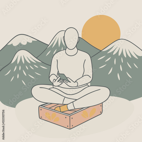 Person meditating with smartphone in serene mountain landscape illustration