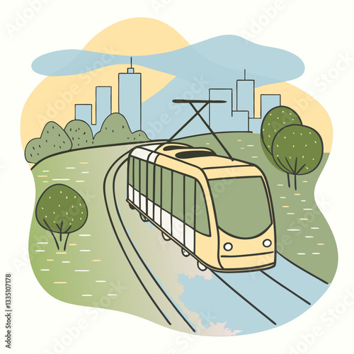 Tram moving through green landscape with city skyline in background illustration
