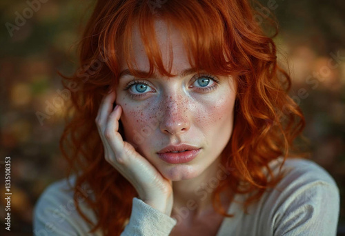 A powerful close-up of a freckled redheaded woman with blue eyes