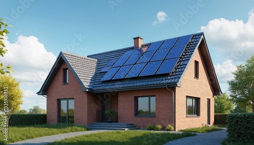 Wallpaper Mural Modern red brick house equipped solar panels. Clear blue sky. Residential building uses renewable energy. Sustainable architecture design eco-friendly lifestyle, reducing carbon footprint, Torontodigital.ca