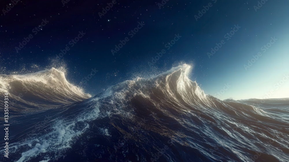 Fototapeta premium Awe-Inspiring Ocean Waves Under a Starry Night Sky: A Powerful Display of Nature's Force