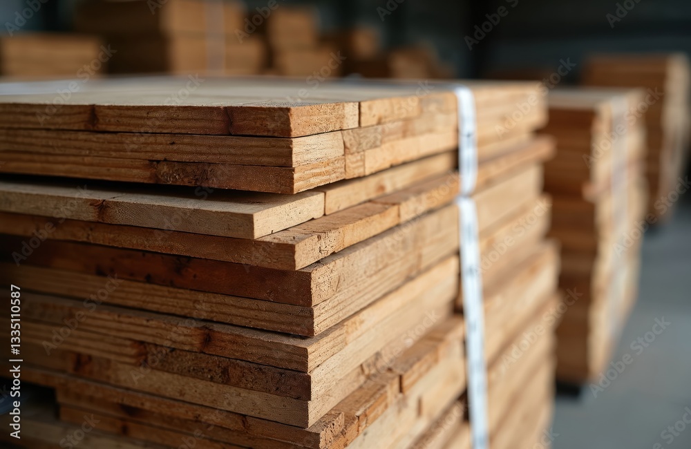 Obraz premium Stacked wooden planks in sawmill warehouse. Timber boards for construction, industrial production, woodworking, manufacturing. Lumber material, wood processing. Woodworking industry. Sustainable