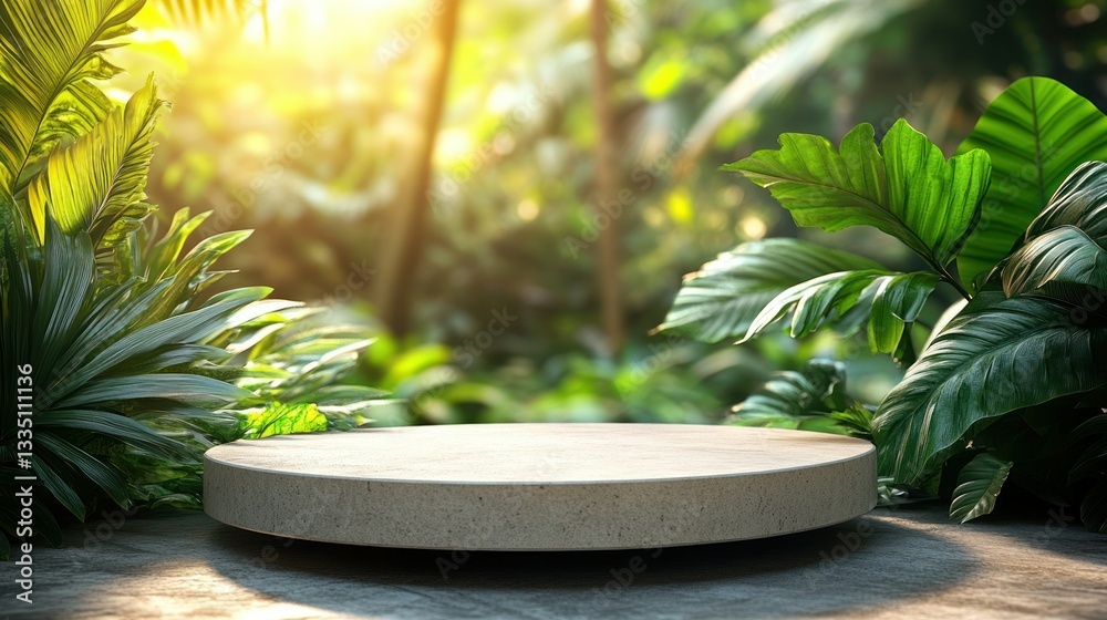 Empty round podium in lush jungle backdrop Empty round podium in lush jungle backdrop