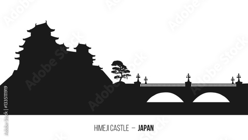 Japan scene. Silhouette of Japanese landscape with Himeji Castle, bridge and pine tree. Vector illustration on a transparent background