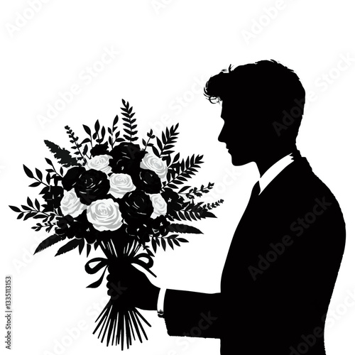 Black and white silhouette of a man with flowers. Vector graphics. EPS.