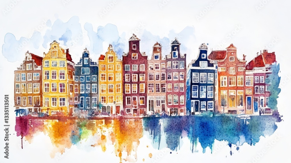 Fototapeta premium Amsterdam Canal Houses Watercolor Painting - Vibrant watercolor artwork depicting a picturesque row of Amsterdam canal houses, reflecting serenity, history, architecture