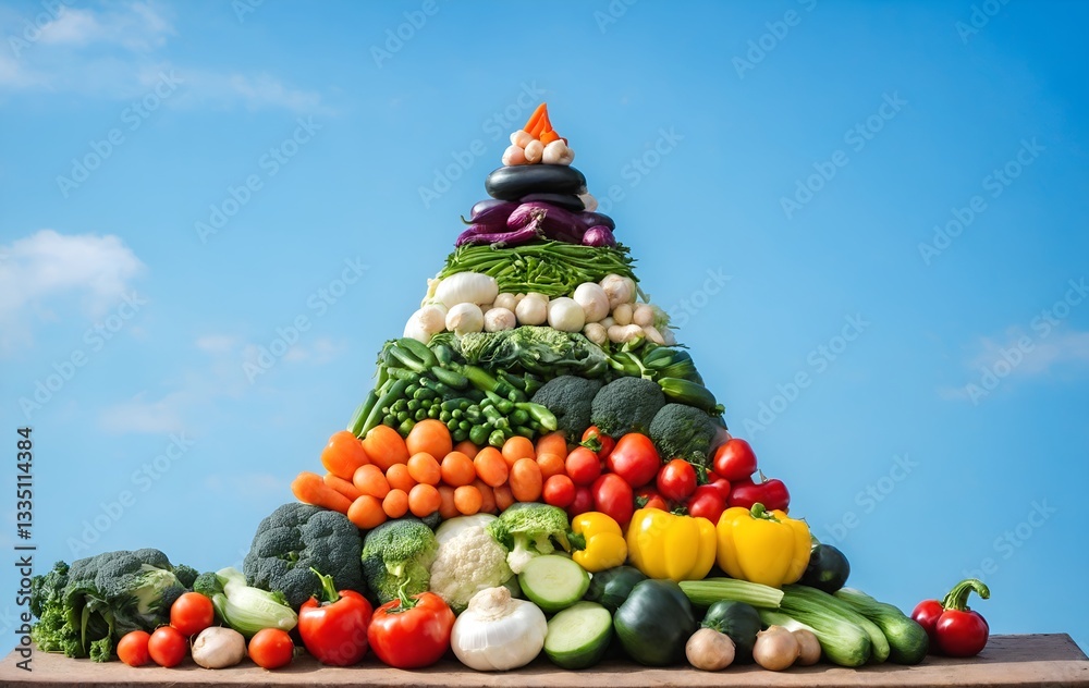 Assorted vegetables in form of pyramid on blue sky background. Healthy food, rich of vitamin, good to immune system boost. Generated AI