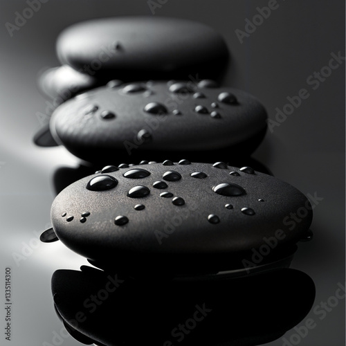 Water Droplets on Smooth Black Stones - Spa, Wellness, Serenity Concept