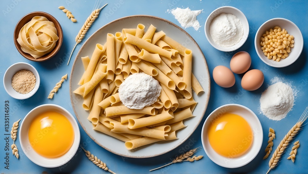 Making pasta with flour and eggs, ingredients on table. Cooking concept. Flat lay, top view.