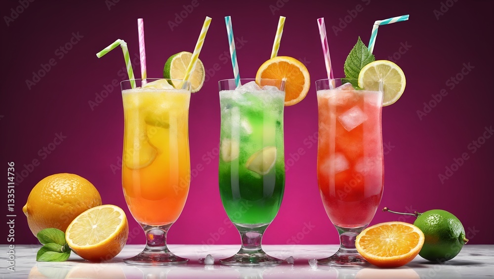Colorful gin tonic cocktails in glasses on bar counter in pup or restaurant