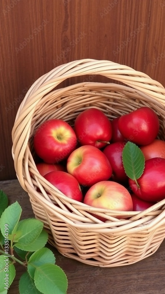 Korb voller reifer Äpfel in verschiedenen Farben auf einem Tisch mit Holzoberfläche. Ideal für herbstliche Rezepte und saisonale Dekorationen Korb voller reifer Äpfel in verschiedenen Farben auf einem Tisch mit Holzoberfläche. Ideal für herbstliche Rezepte und saisonale Dekorationen