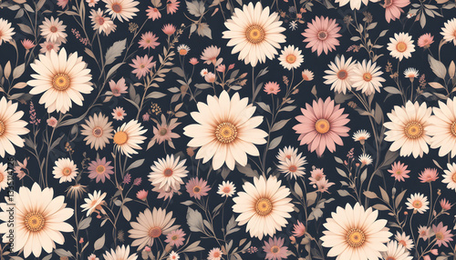 Seamless floral pattern with daisies and blossoms in a vintage spring design