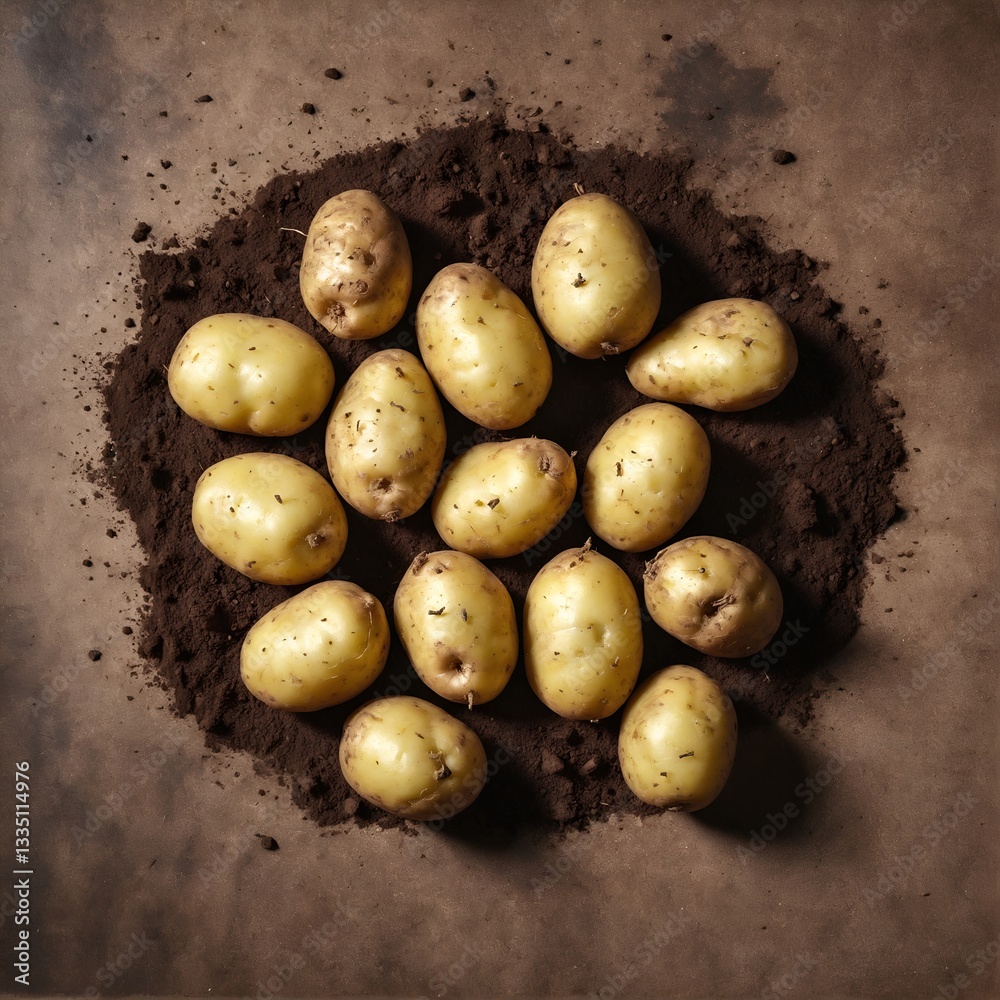 Raw potatoes from field on ground background. Top view flat lay.