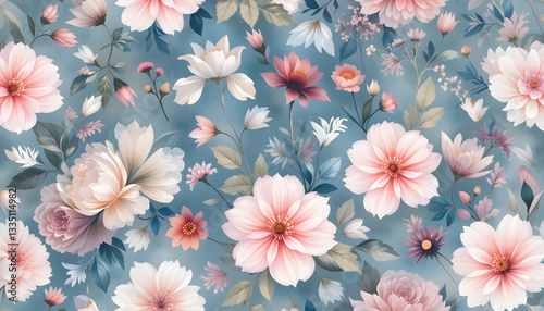 Seamless floral pattern with pink flowers and leaves in a vintage pastel design