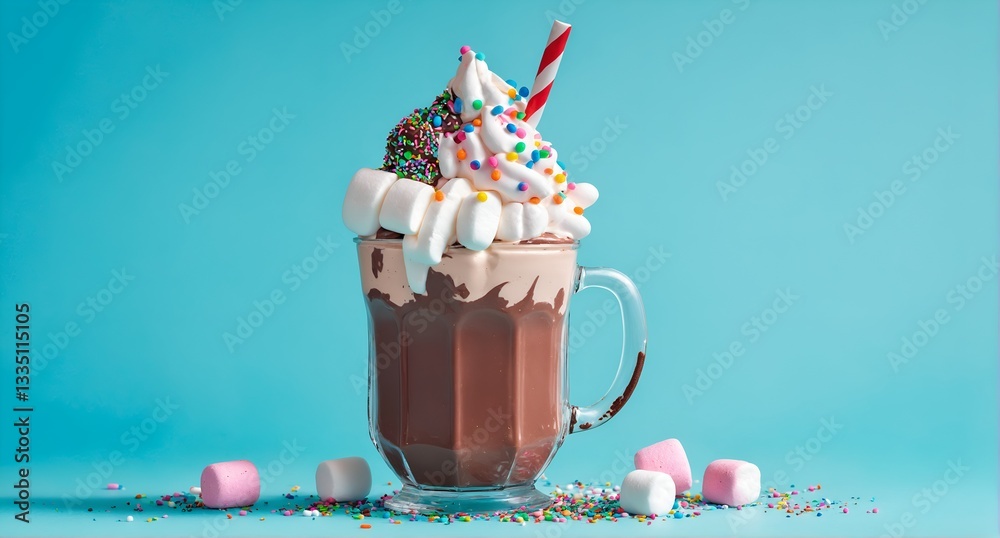 Chocolate shake dessert with whipped cream, marshmallows and candies on top