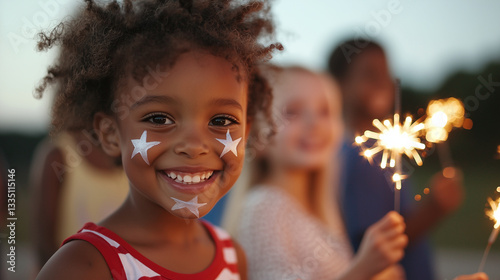 Kids celebrating Independence Day with face painting and sparklers