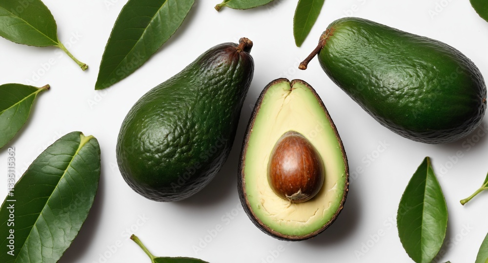 Fresh avocado fruits with green leaves on white background. Top view, flat lay. Eating healthy fats. Generative AI