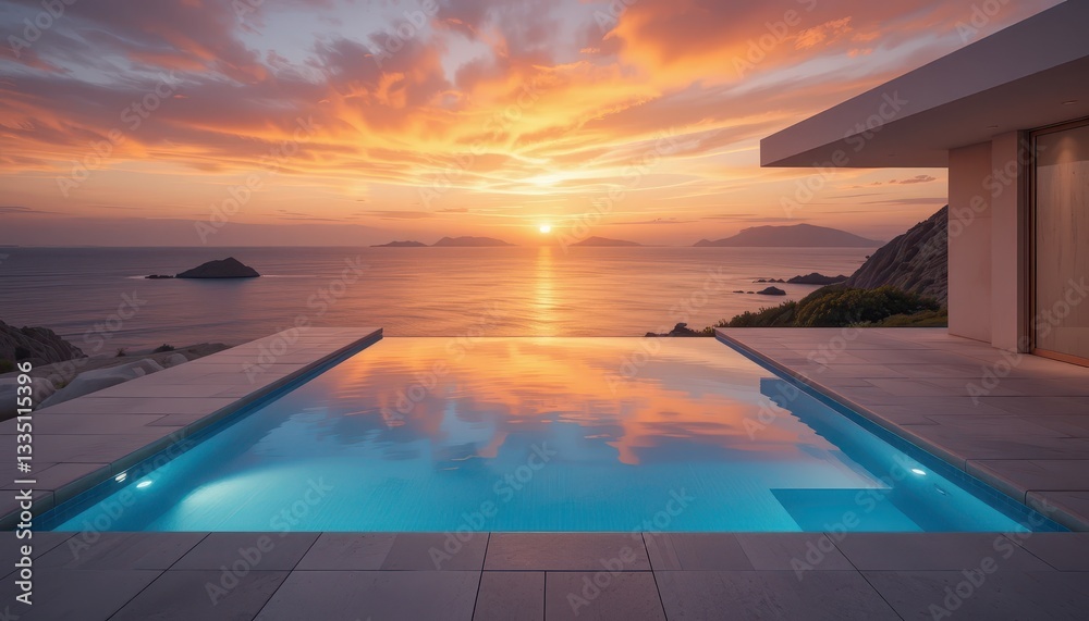 Obraz premium Sunset poolside relaxation coastal retreat photography serene environment wide angle luxury concept