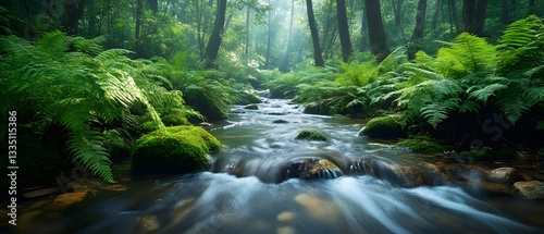 Lush forest stream with clear flowing water