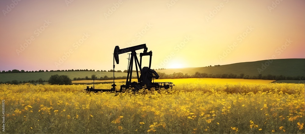 energy and agriculture oil pump in the midst of picturesque countryside fields,