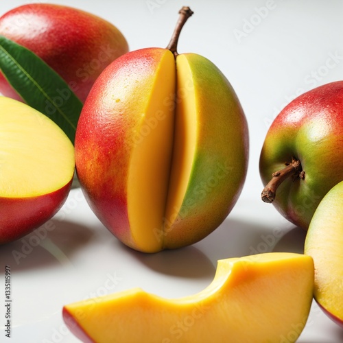 Fresh ripe mango fruits on grey background.