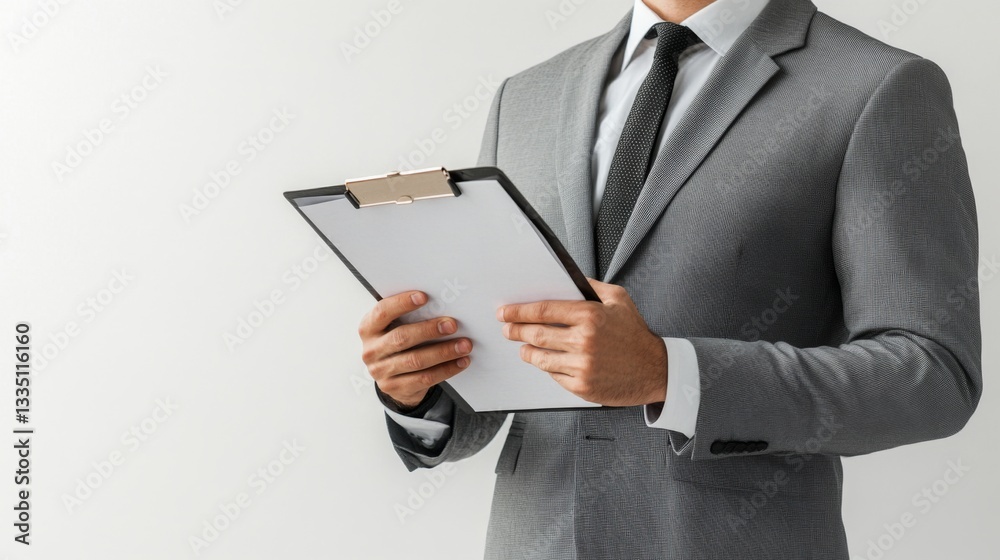 Young adult male in gray suit holding clipboard against solid background Young adult male in gray suit holding clipboard against solid background