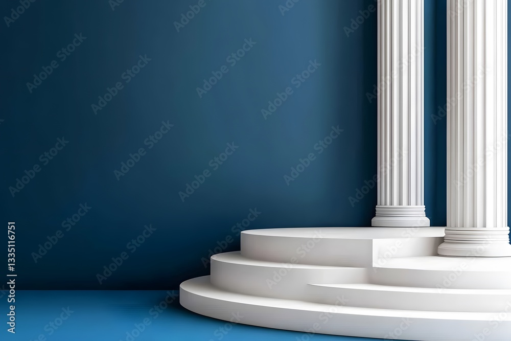 Obraz premium Elegant White Podium with Greek Columns Blue Background
