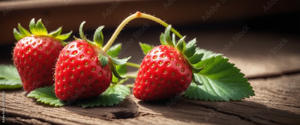 Fresh strawberry fruits with green leaves on wooden table.