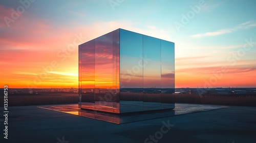 Reflective monolith in a barren desert landscape at sunset Mirrored cube reflecting the setting sun and surrounding mountains Concepts of solitude, mystery, and surrealism