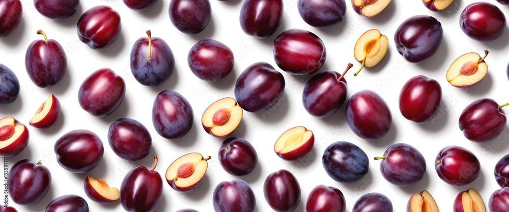 Fresh purple plum fruits on white background. Top view flat lay