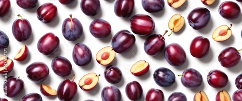 Obraz na płótnie Fresh purple plum fruits on white background. Top view flat lay w salonie