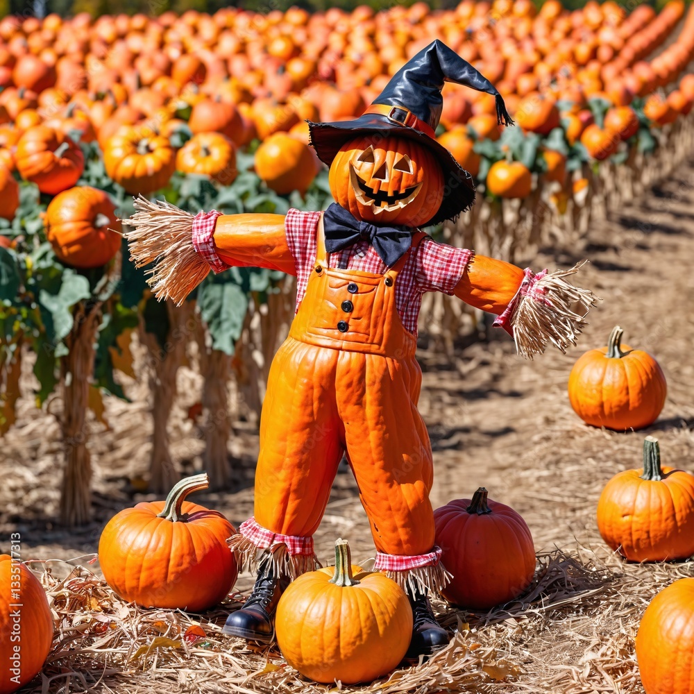 Halloween scarecrow in pumpkin field