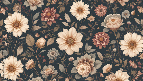 Seamless floral pattern with pink roses and leaves in a vintage decorative style