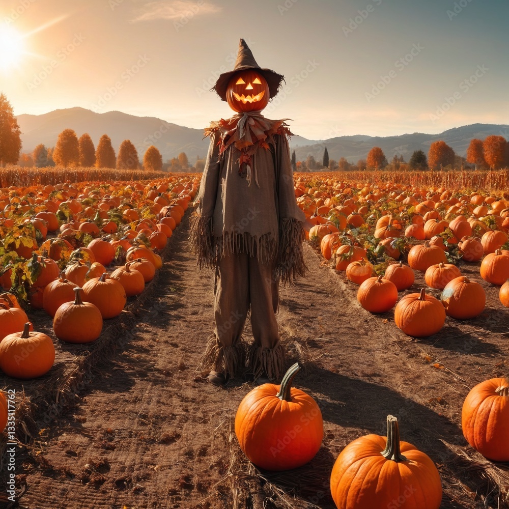 Halloween scarecrow in pumpkin field