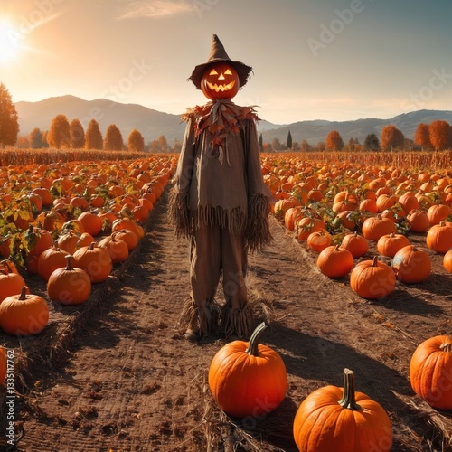 Obraz na płótnie Halloween scarecrow in pumpkin field w salonie