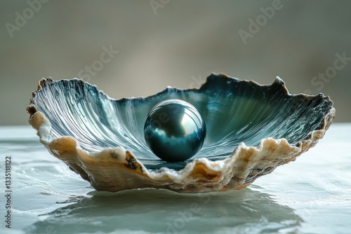 A lustrous black pearl rests gracefully in the open clam shell, showcasing its vibrant beauty against a soft background