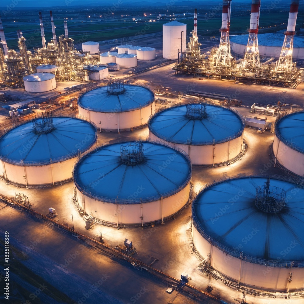 Modern industrial plant with big oil tanks. Aerial view