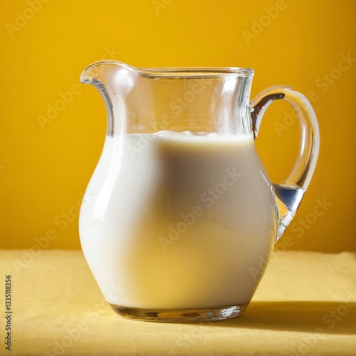Obraz na płótnie Milk jar pitcher on table, light yellow interior w salonie