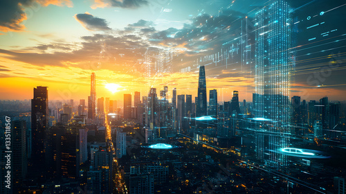 Wallpaper Mural An advanced AI projecting a digital cityscape with floating platforms, neon signs, flying cars, and towering skyscrapers amidst a digital sunset. Torontodigital.ca