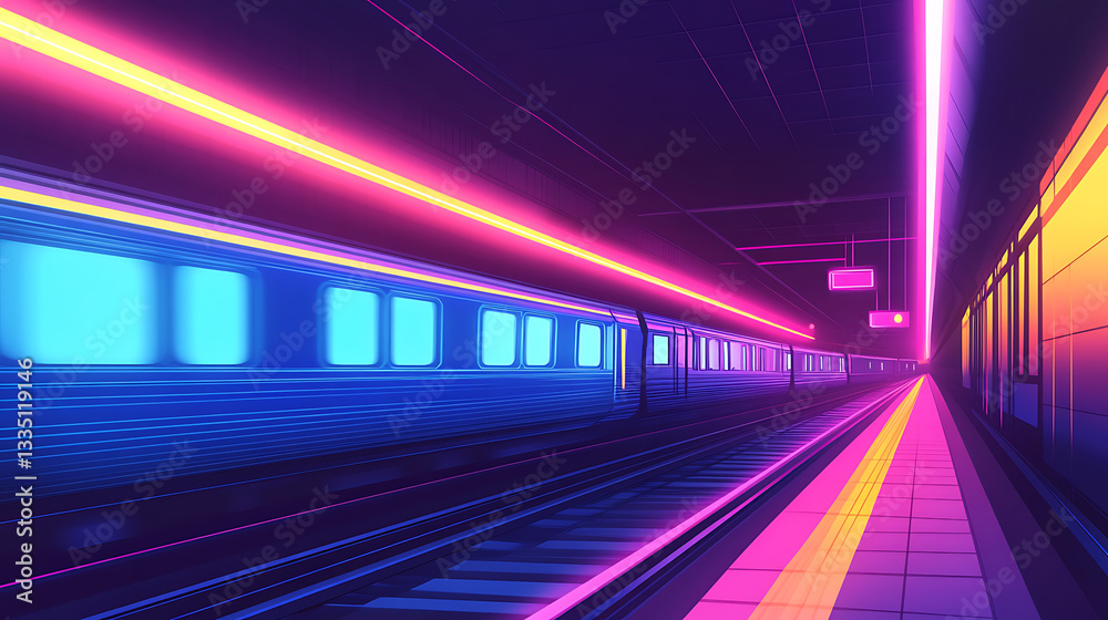 Fototapeta premium Vibrant neon-lit subway station at night showcasing a train arriving with colorful lights and shadows